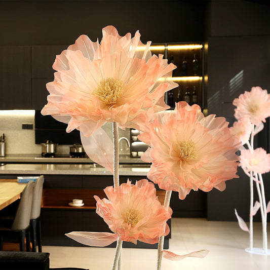 KEY SPRING Giant Artificial Organza Flower On Base – Large Pink Faux Flower with Standing Stems and Base for Wedding, Valentine's Day, Party, Shop Window Display, Outdoor Yard Event Backdrop Decor