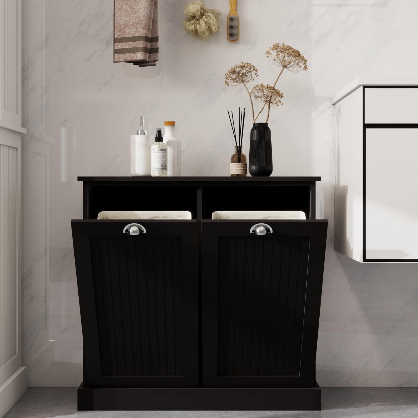 Two-Compartment Tilt-Out Laundry Sorter Cabinet,Ample Storage Laundry Hamper Cabinet with 2 Removable Cloth Bags for Bathroom,Laundry Room (Black)