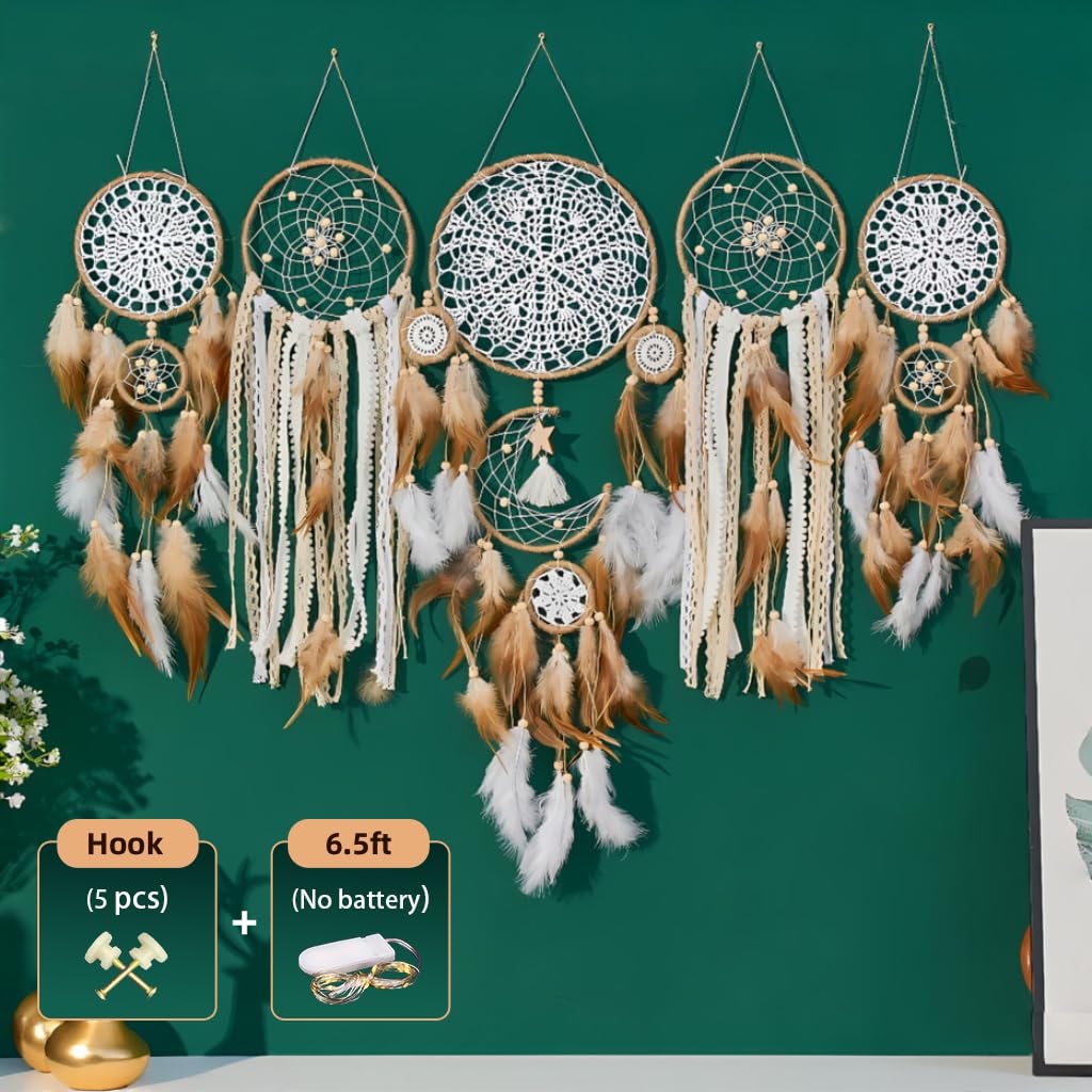 Handcrafted Dream Catcher Wall Decor Set, 5 Pieces, Round Shape, 10 Inch Diameter, Cotton and Feather, Art Deco Style, Moon and Star Design, Indoor Hanging Ornaments (5, Brown)