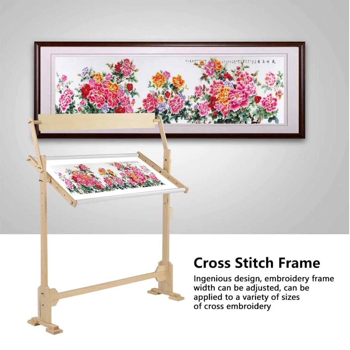 Embroidery Hoops Stand – 360° Adjustable Wooden Cross Stitch Frame, Needlework Floor Stand with Tool Box, Height & Width Adjustable