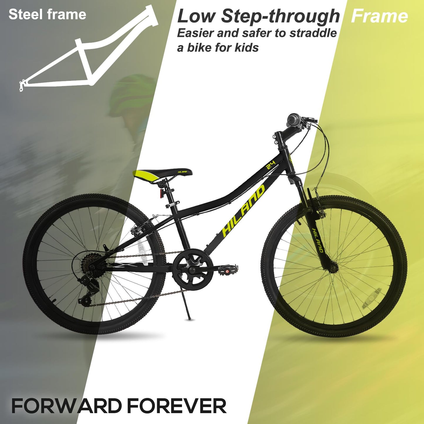 HH HILAND 24 Inch Mountain Bike for Kids Age 7-15 Year Old, 7-Speed, Front Suspension Fork, Kids' Bicycles for Boys Girls Black