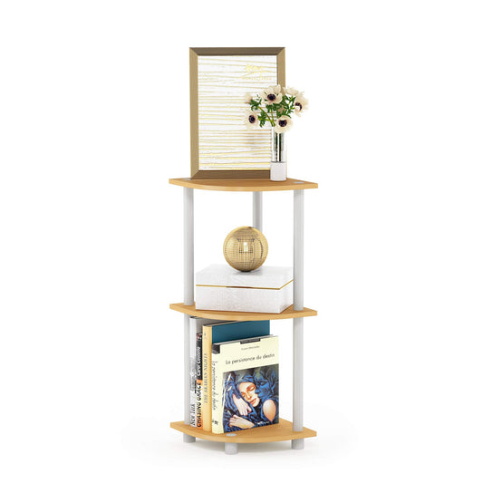 Furinno TURN-N-TUBE Corner Shelf, 3-Tier Corner Bookshelf, Display Storage Shelves with Open Shelves, for Organization and Storage, Living Room, Home Office, Garage, Beech