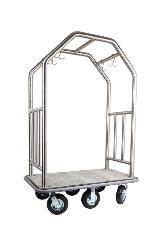 Wholesale Hotel Products Brushed Stainless Steel Luggage Cart – 1500lb Capacity–Bellman Cart w/ Grey Bumper Guard, Plush Carpet, 2” Welded Steel Frame & 8" Wheels, for 5-Star Hotels (Grand Lux Series)