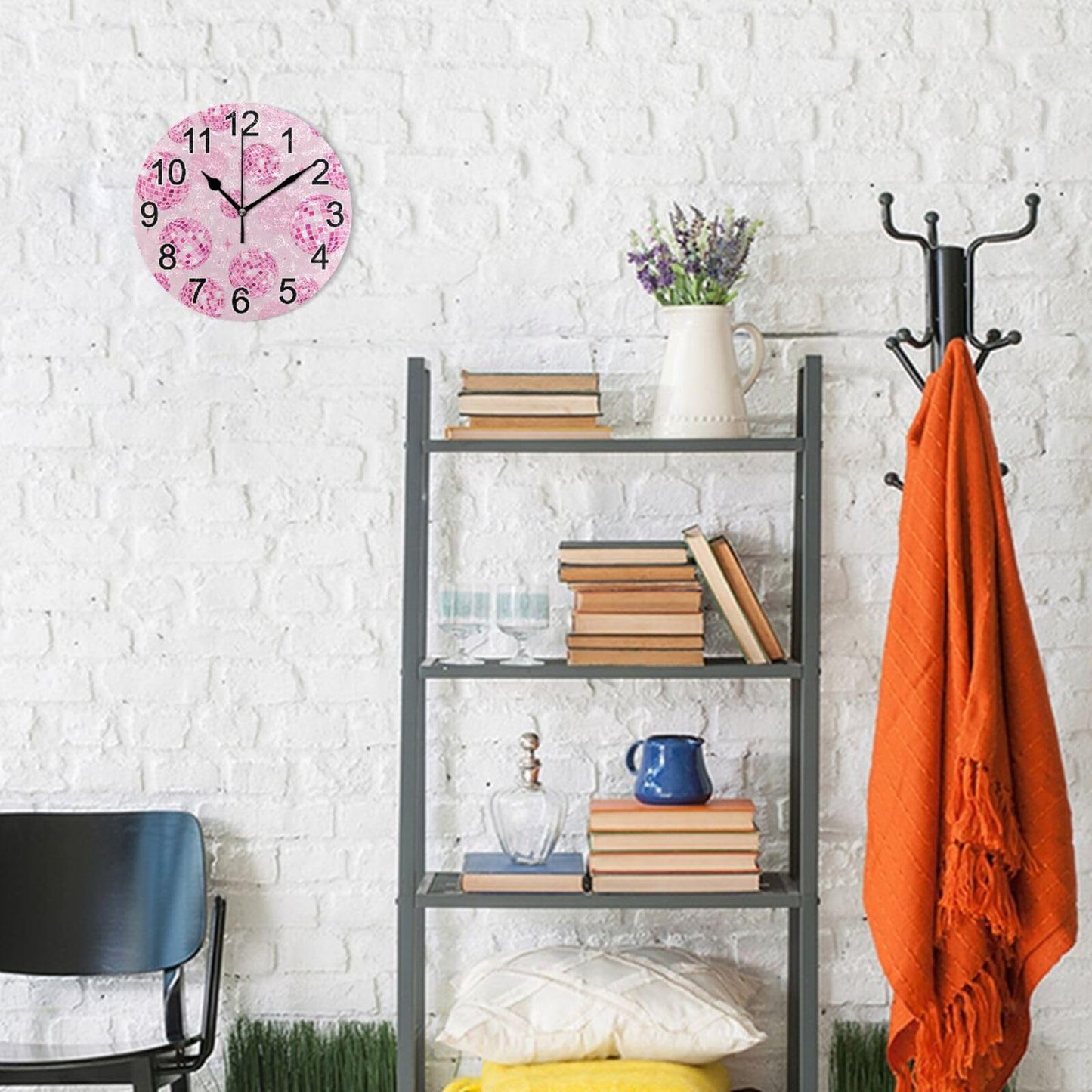 BOENLE Disco Balls Pink Wall Clock Non Ticking Silent Kitchen Clock Large Decorative Battery Operated Clocks 10 inch for Living Room Bedroom Decor