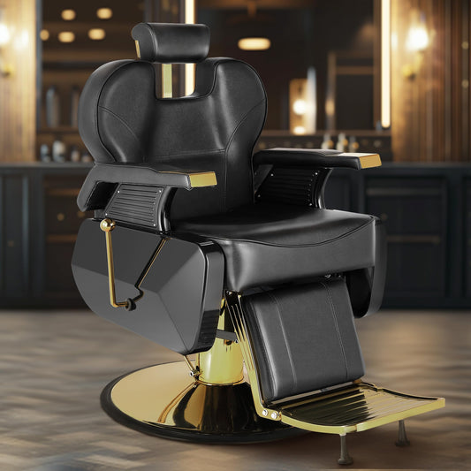 KIIUMI Vintage Barbershop Barber Chair, 360° Swivel Hydraulic Reclining Salon Chair, Black and Gold Hair Stylist with Adjustable Headrest, Beauty Spa Equipment Tattoo Styling, Black and Gold