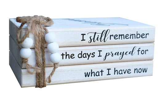 LIVDUCOT Wooden Decorative Books Stack for Coffee Table Faux Book Stack for Decoration I Still Remember the Days I Prayed Modern Farmhouse Decor White Book Decor for Shelf Mantle 7.5x5x3'