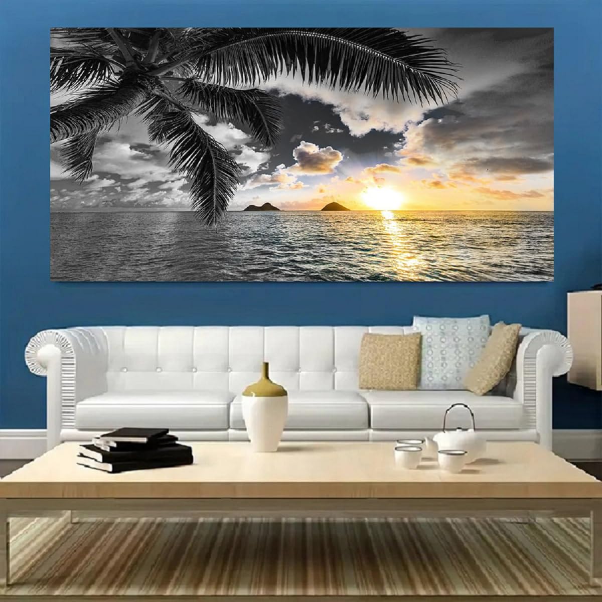 Bamdeya Wall Decor Bedroom Black and White Beach Wall Art Palm Sunset Seascape Pictures Wall Art Living Room Canvas Prints Art Ocean Room Decor Poster Painting Home Office Decoration Scenery Artwork