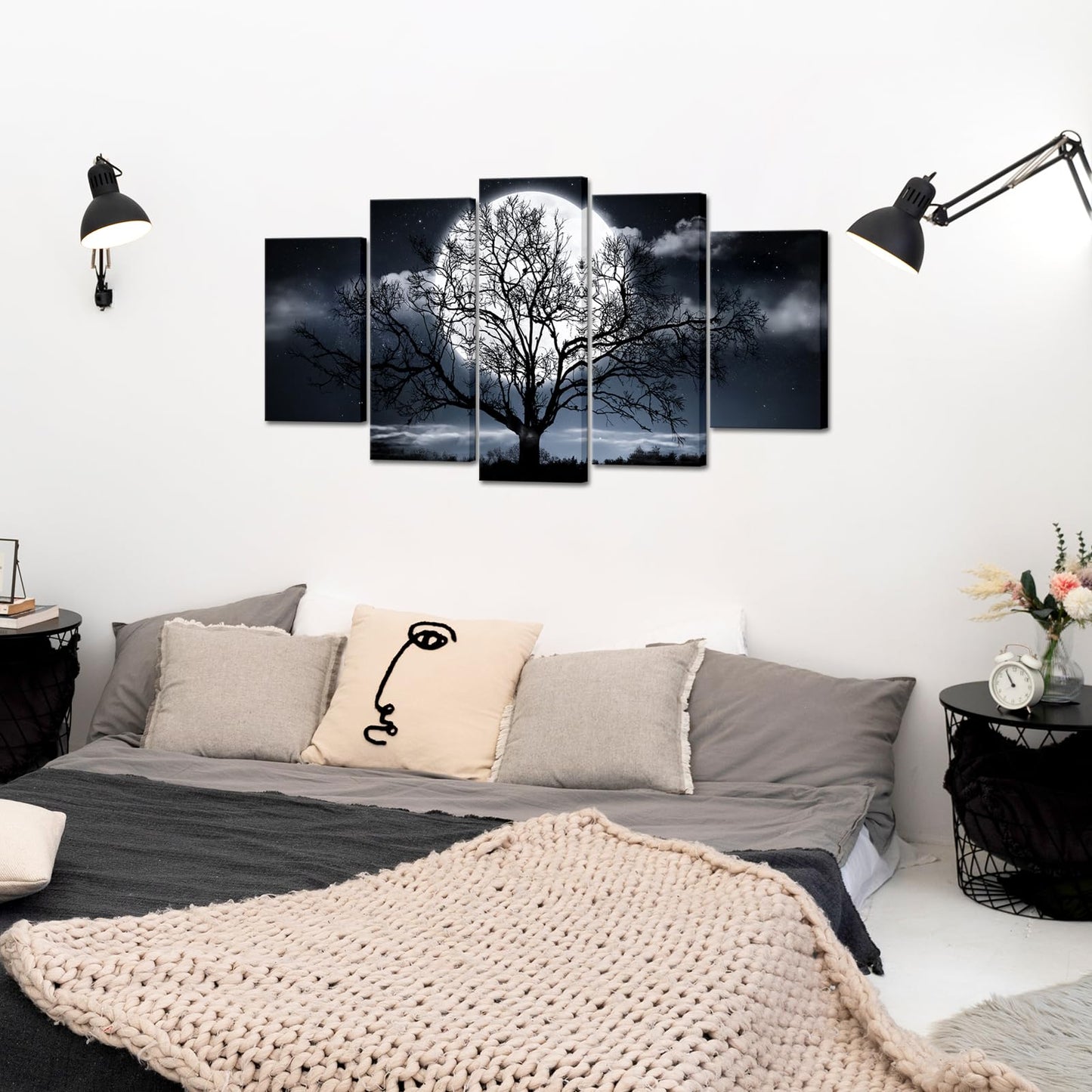 Artmyharbor Moon Night Canvas 5 Panel Wall Art Black and White Tree Silhouette Picture Modern Nature Wall Decor for Living Room