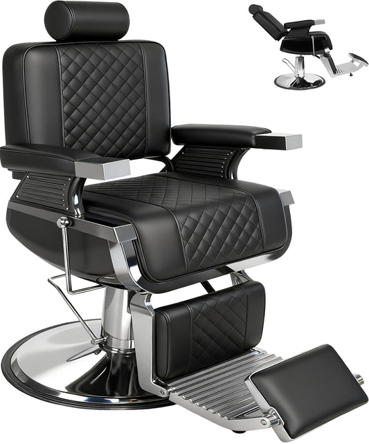 Vintage Barber Chair for Barbershop, Reclining Heavy-Duty Hydraulic All-Purpose Salon Chair, 360 Swvivel Adjustable Hair Stylist Chair, Professional Salon Beauty Spa Shampoo Equipment, Bold Black