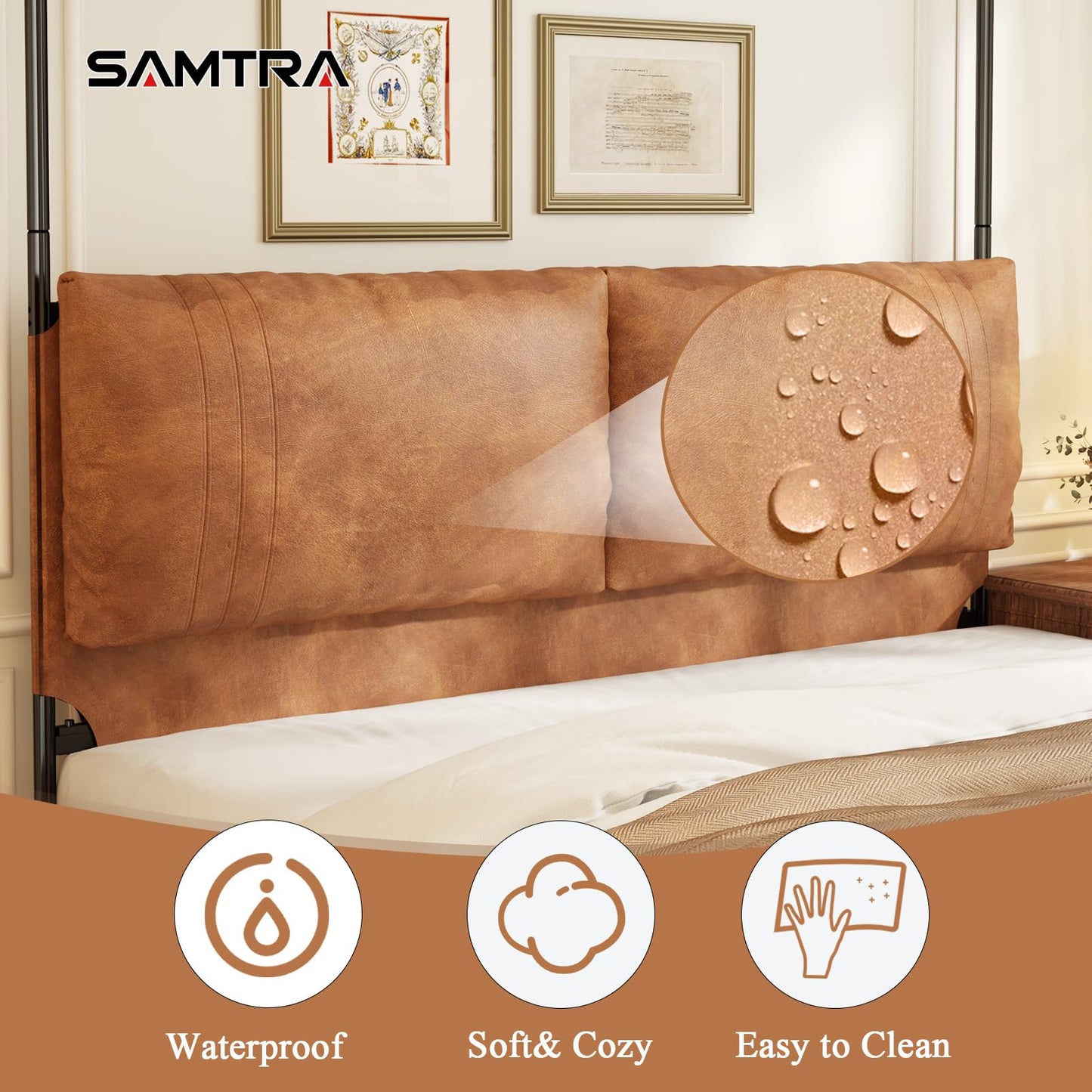 SAMTRA Modern Canopy Bed Frame with Upholstered Faux Leather Headboard – Tall Four Poster Metal Platform Bed, No Box Spring Needed, King Size, Brown and Black