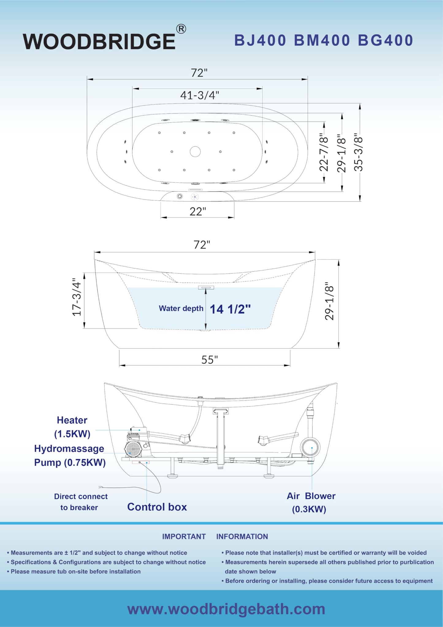 WOODBRIDGE 72" x 35-3/8" Whirlpool and Air Bath Heated Soaking Combination Tub with Adjustable Speed Air Blower and Display Control Panel, Brushed Gold Finish Trim and Drain Kit, BG400