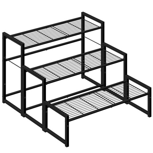 Simple Trending 3 Tier Metal Plant Stand Outdoor Indoor Waterproof, Stackable Heavy Duty Tall Plant Shelf Flower Pot Holder for Garden, Display Rack, Black