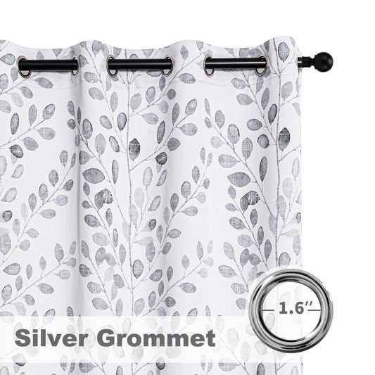 MYSKY HOME Bedroom Curtains 2 Panel Sets Thermal Insulated Curtains for Small Window Leaf Print Classical Room Darkening Drapes for Living Room, 52W x 63L Inch, Grey