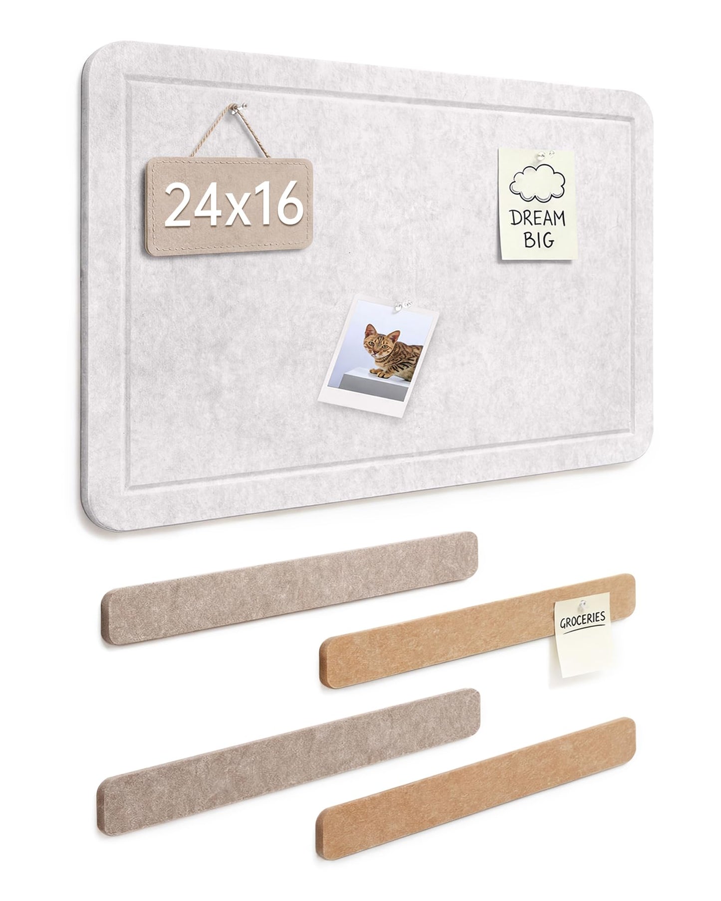 Cork Board Alternative, 24"X16" Felt Bulletin Board with 4-Pack 16"X2" Felt Strip, 30 Push Pins Set - Pin Board for Home Office Classroom Wall, Removable Adhesive Install-Oatmeal