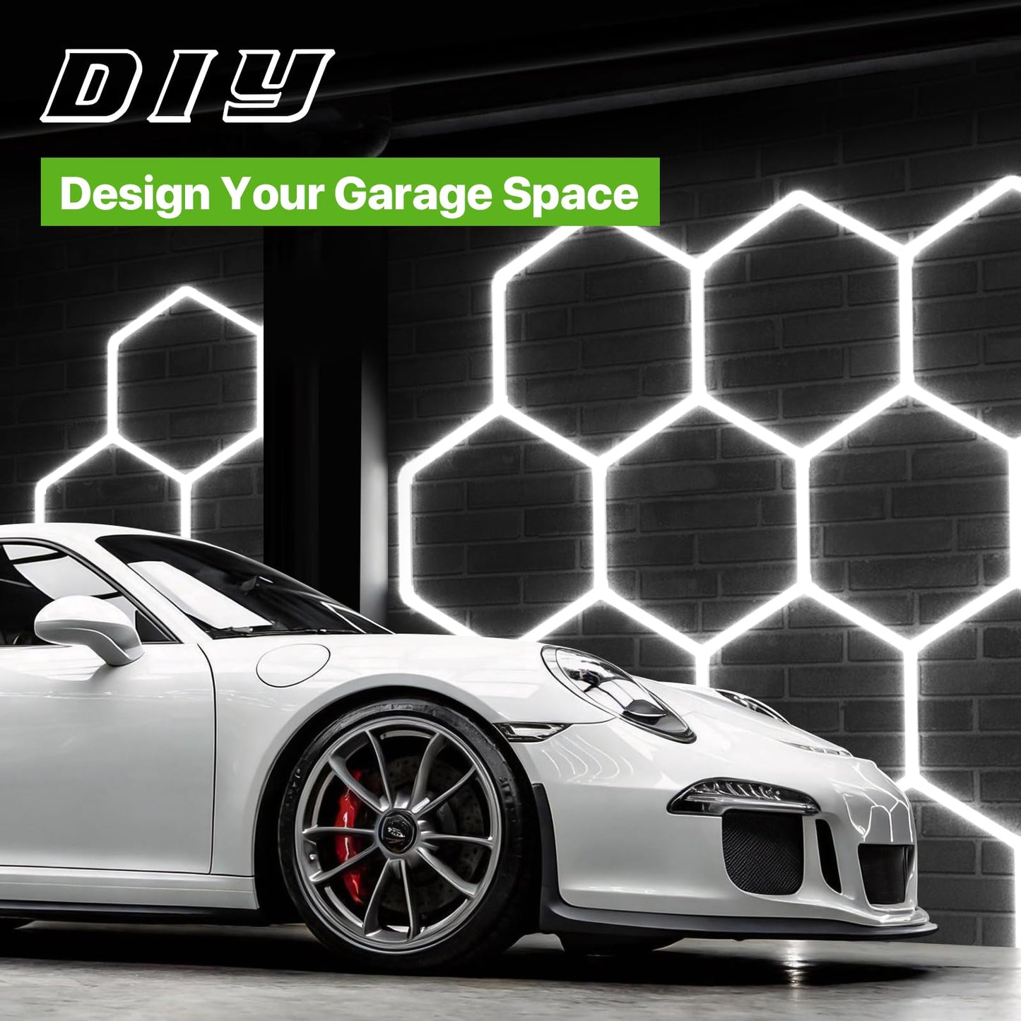Glitgate Hexagon Garage Lights: 3 Level Dimmable 11 Hex Grid Light Shop Light 322W 35420LM, 6500K Daylight White Honeycomb Ceiling Lighting System, Super Bright Garage Lights LED for Workshop