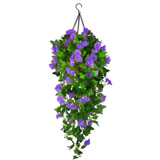 Artificial Fake Hanging Flowers Plants Basket for Spring Outdoor Outside Decoration, UV Resistant Faux Plastic Fabric Flower Morning Glory Wisteria Petunia for Garden Porch Patio Balcony Yard Decor