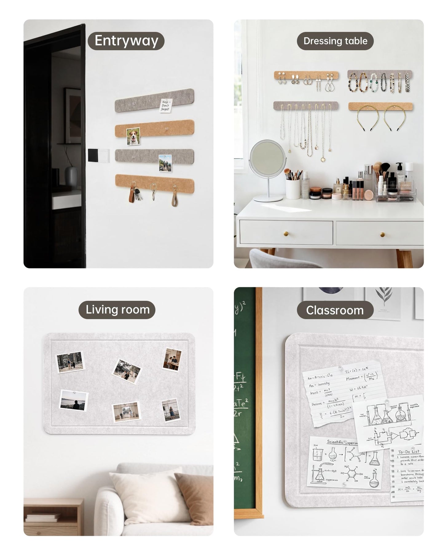 Cork Board Alternative, 24"X16" Felt Bulletin Board with 4-Pack 16"X2" Felt Strip, 30 Push Pins Set - Pin Board for Home Office Classroom Wall, Removable Adhesive Install-Oatmeal