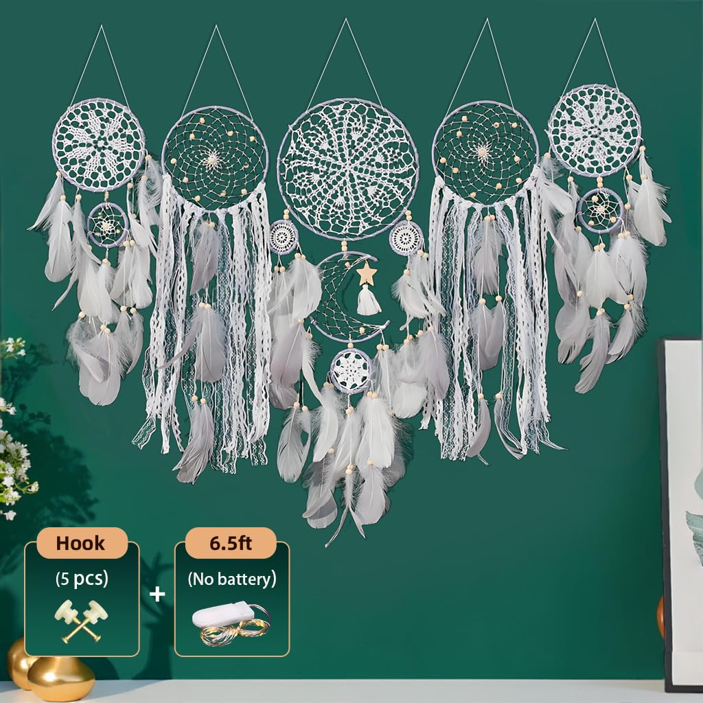 Handcrafted Dream Catcher Wall Decor Set, 5 Pieces, Round Shape, 10 Inch Diameter, Cotton and Feather, Art Deco Style, Moon and Star Design, Indoor Hanging Ornaments (5, Brown)