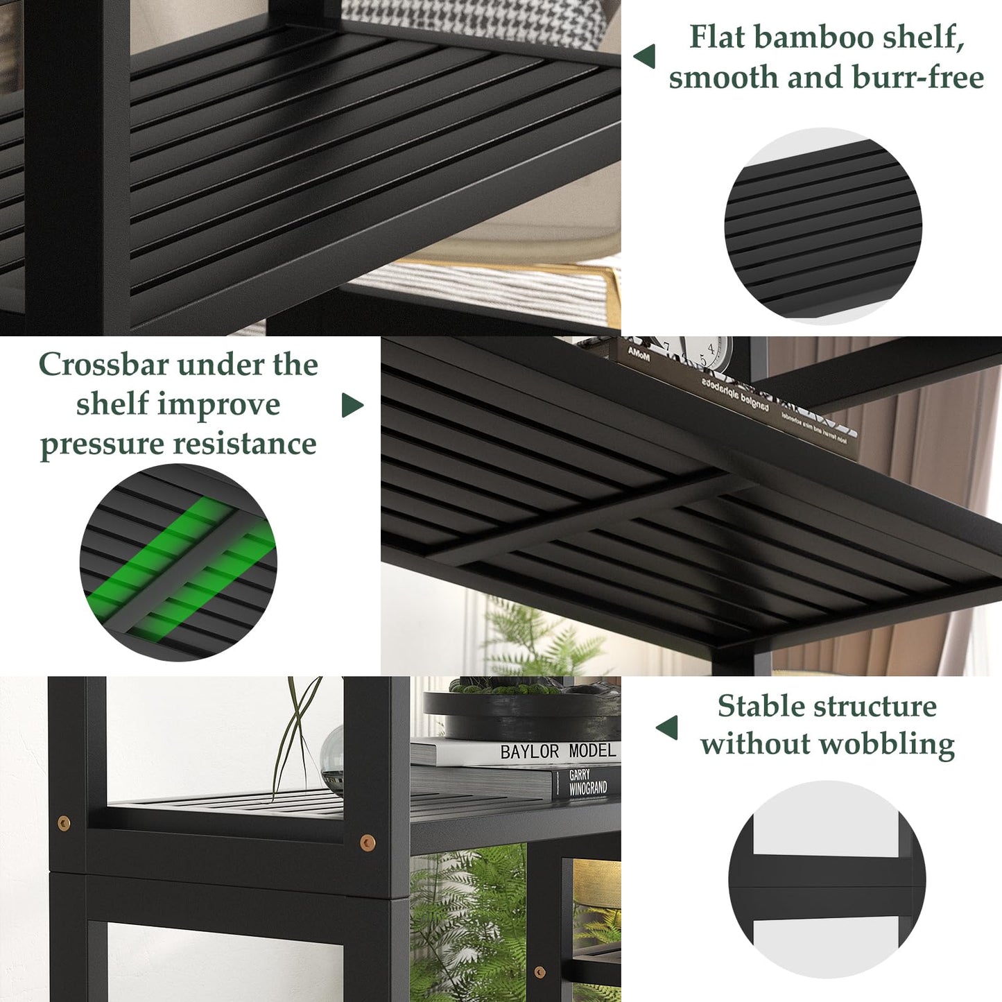 Homykic Double Wide Bamboo Bookshelf Black, 6-Tier Large Open Bookcase with 12 Display Shelves, 6ft Tall Freestanding Book Shelf for Home Office, Bedroom, Living Room, Plants