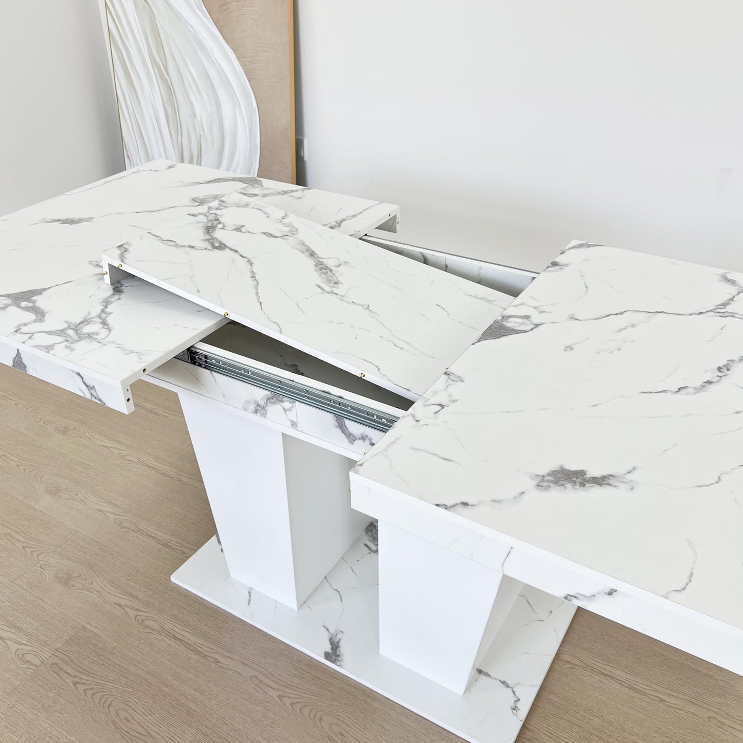 Ball & Cast Expandable Dining Table for 6-10,63-78.74" Kitchen Table W/Heavy Duty Pedestal Base,Rectangular Extendable Dining Room Table for Small Space,White Marble