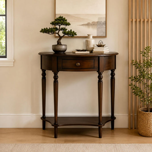 YNVHKFN Half Moon Console Table - Solid Wood Entryway Table with Drawer & Shelf, Narrow Sofa Table for Hallway, Curved Accent Table for Living Room, Foyer, Small Space Storage Table
