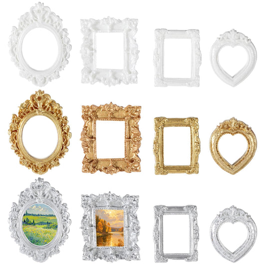 12 PCS mini vintage frames, Baroque Antique mini photo frame, miniature picture frames small frames Oval Rectangle Wall Hanging Display Table Frame for DIY Jewelry Christmas Holiday Wedding, 3 Colors