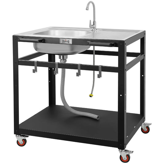 FEASTO 35-Inch Outdoor Grill Cart with Stainless Steel Sink, Rolling BBQ Prep Table with Faucet, Storage Shelves and Lockable Wheels for Patio, Backyard and Outdoor Cooking, Silver & Black