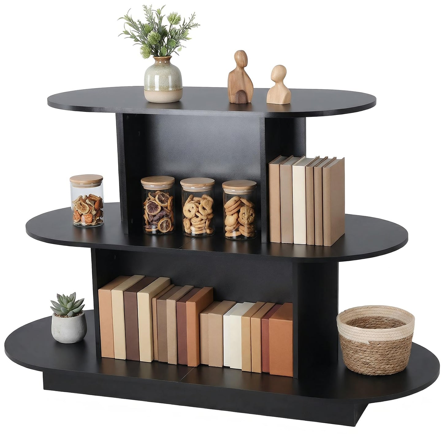 ASIEIT 3 Tier Wooden Oval Display Table Modern Standing Display Riser Shelf Retail Table for Stores Vendor Events 55in W x 23.6in D x 35in H (Black)