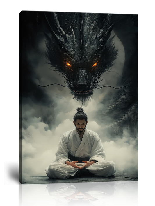 Meditating Samurai Black Dragon Wall Art Glowing Eyes Misty Japanese Warrior Canvas Print Oriental Dragon Zen Decor for Living Room Bedroom Home Office Ready to Hang-12x16 inch