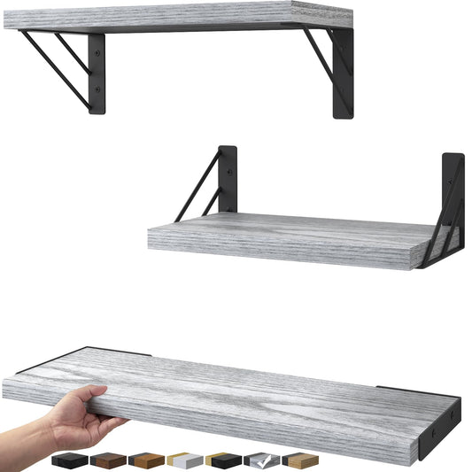 BAYKA Wall Shelves for Bedroom Decor, Floating Wall Shelves for Living Room Kitchen Storage, Mounted Rustic Wood Floating Shelves for Kids Books,Corner Shelves for Bathroom(Gray White，Set of 3)