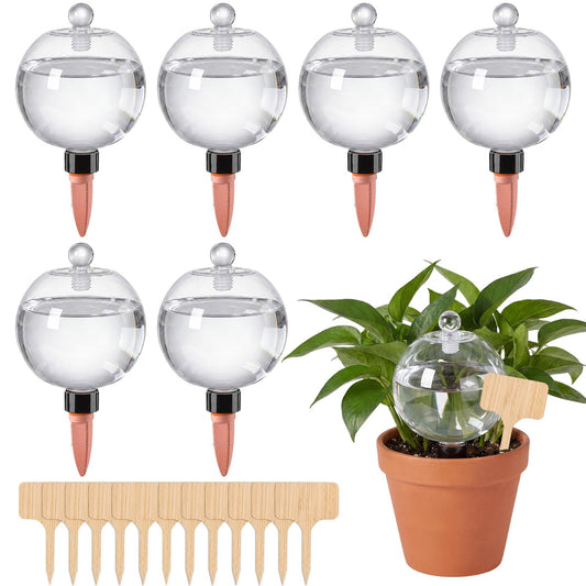 Zhehao 6 Pack Self Watering Globes with Plant Labels, 17 oz Indoor Automatic Watering Bulbs Waterproof T-Type Tags Planter Insert Top Fill Slow Release Control Gardening Devices Essentials System