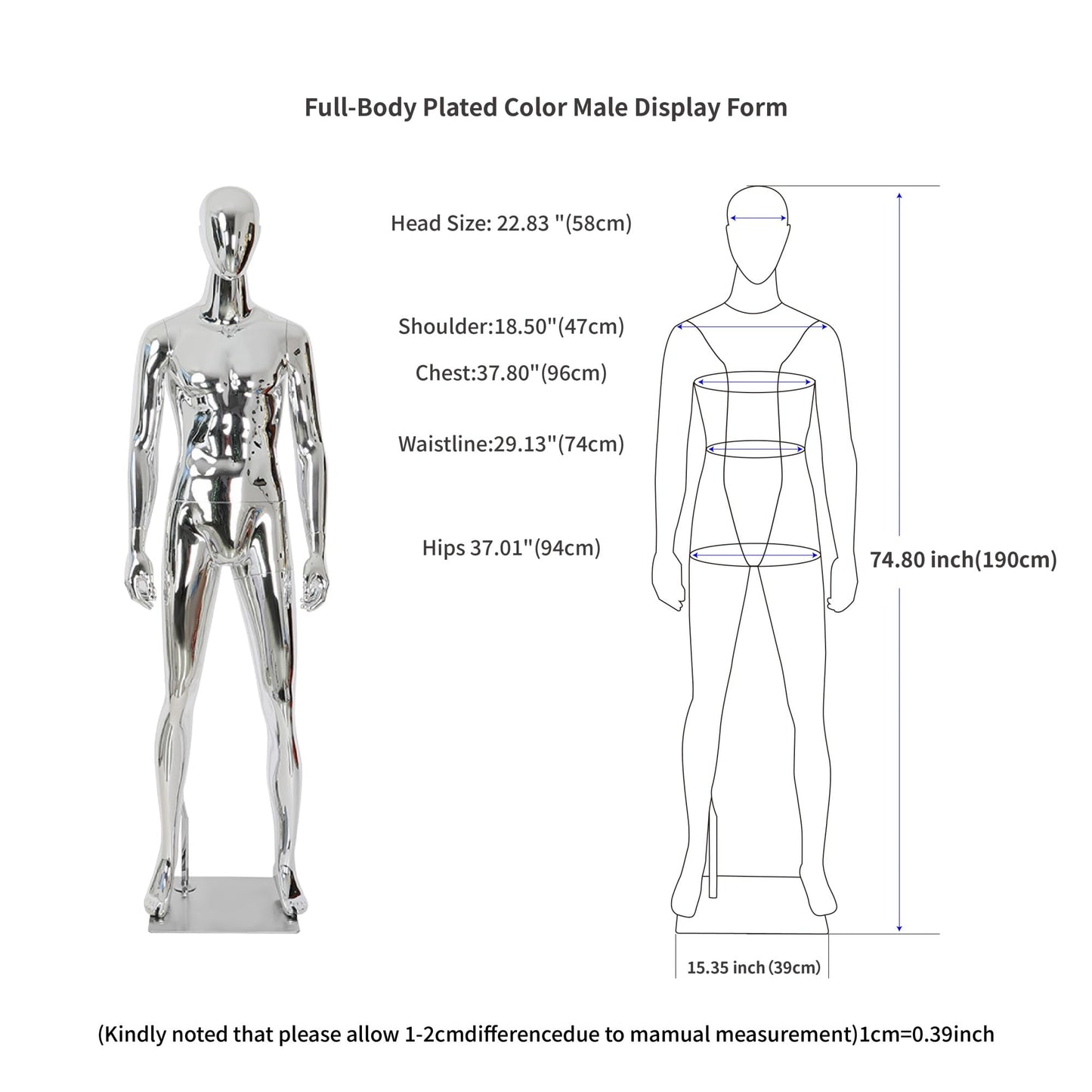 Full Body Male Mannequin with Chrome Metallic Finish, Fiberglass Abstract Dress Form with Posable Head, Futuristic Retail Display Dummy with Metal Base for Men's Fashion Window(Chrome Silver)