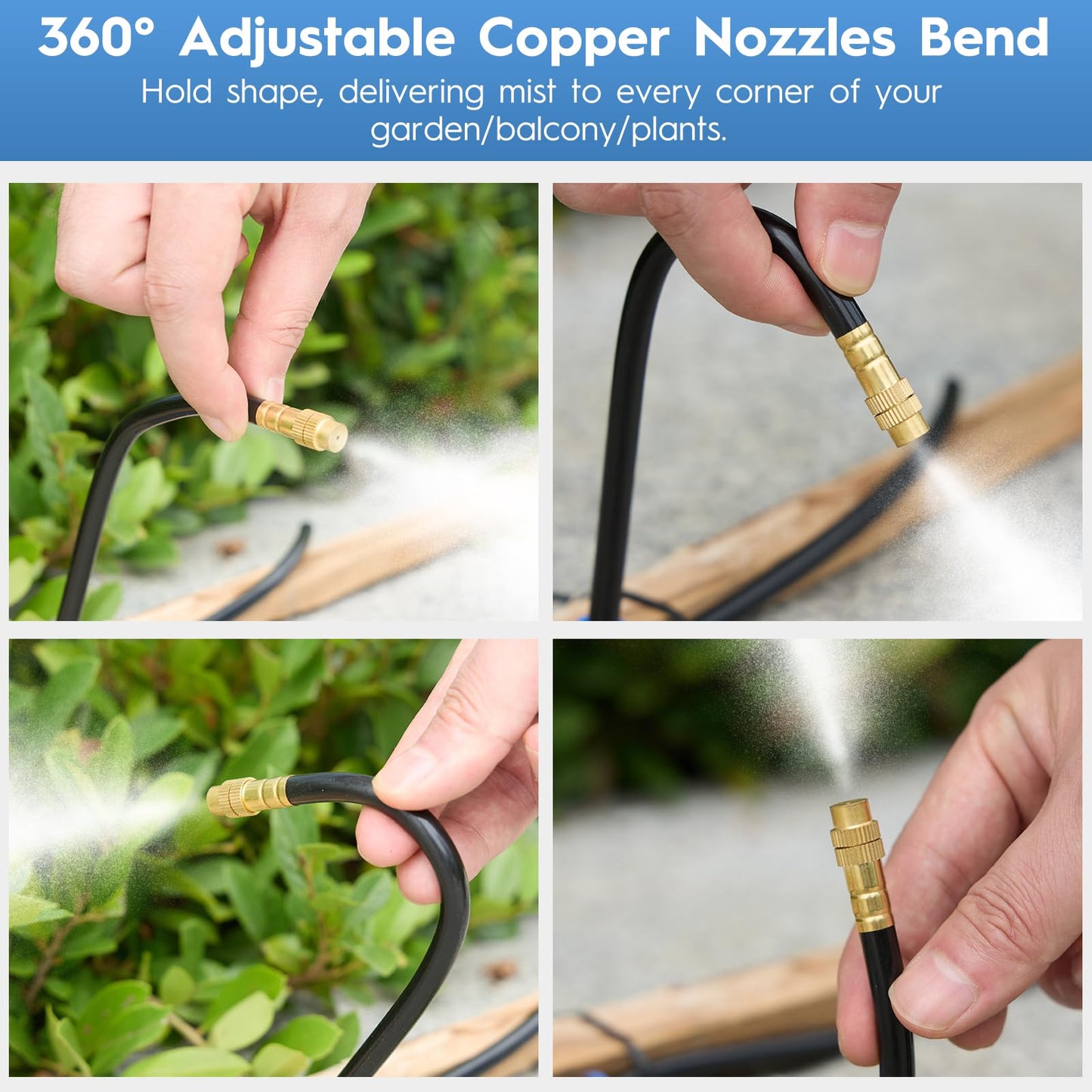 360° Automatic Drip Irrigation Kit - 5/16'' Tubing, Adjustable Universal Spray Nozzle, Copper Atomizing System for Garden/Lawn/Greenhouse - Multi-Directional Rotation, Quick Connectors, 82FT
