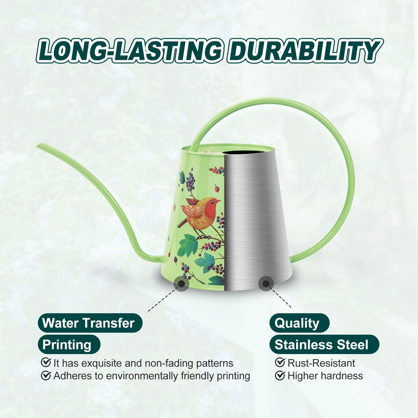 Berry&Bird House Plants Watering Can - Indoor & Outdoor 1/2 Gallon Stainless Steel Water Can with Long Spout Garden Decoration for Flower Bonsai Succulent Gardening Large Watwer Bottle(2L/Robin)