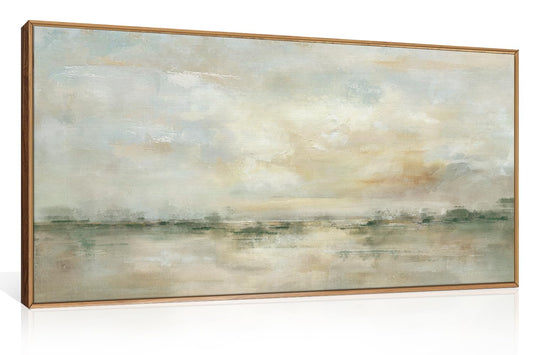LHIUEM Large Abstract Green Gray Pastel Framed Canvas Wall Art,Neutral Landscape Wall Decor,Modern Watercolor Lake Artwork,Beige Textured Illustrations Art for Living Room,Bedroom,Office- 20"x40"x1