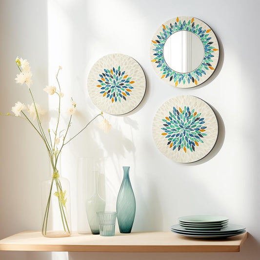 TEIPAI Jewel-Tone Mother of Pearl Mirror Wall Decor for Living Room, 3PCS Handmade Round Wall Art for Home Guest Room Decoration, Unique Mosaic Art Gift for Birthday Wedding Housewarming (Colored)