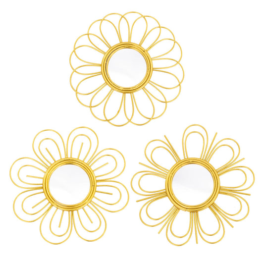 Manortang Gold Mirrors 3 Piece, 9 inch Flower-Shaped Mirror Hanging Wall Decor, Valentine Decorative Mirror Wall Art, Round Mirrors for Bedroom,Living Room,Bathroom, House Warming Valentine Gifts