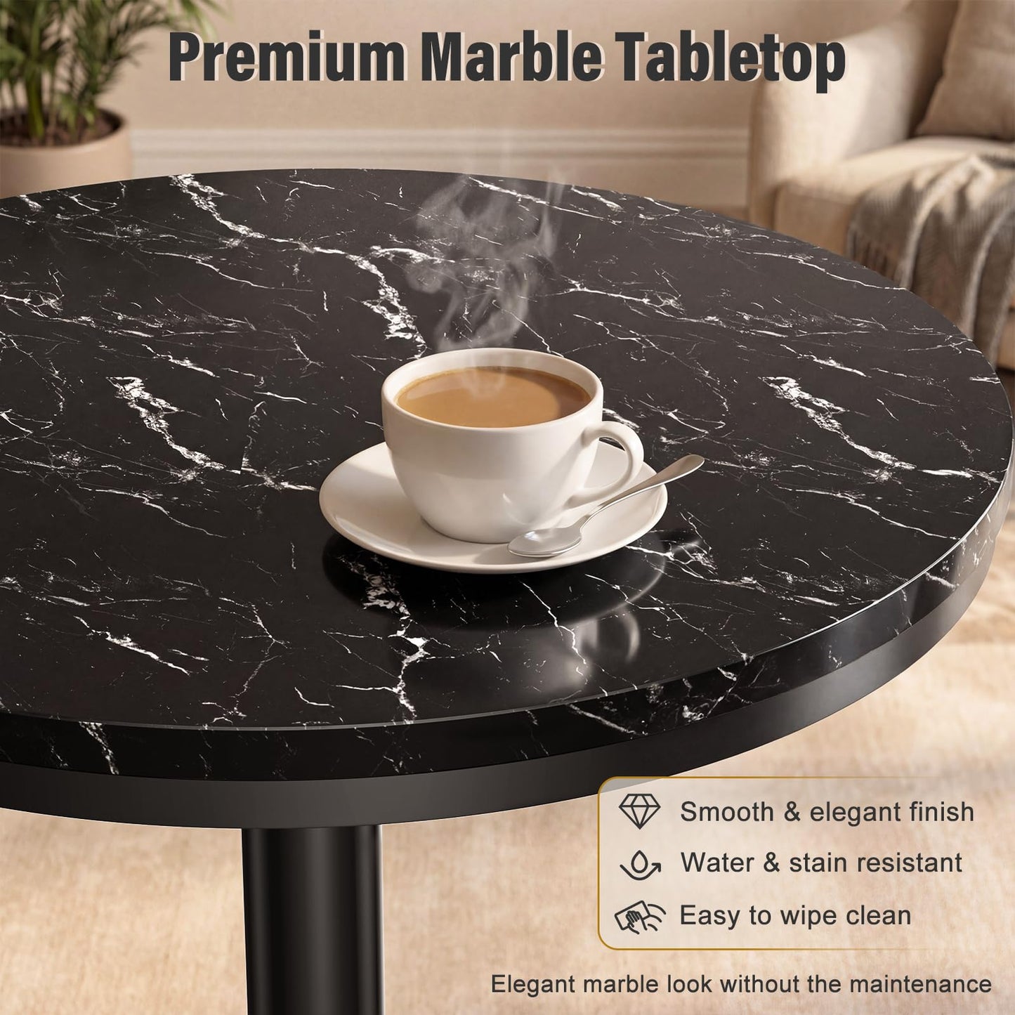 Modern Round Marble Bar Table, 22" Black Marble Top Pub Table with Gold Metal Base, Tall Bistro Table for Home Bar, Kitchen, Dining, Small Spaces, 37'' Bar Height