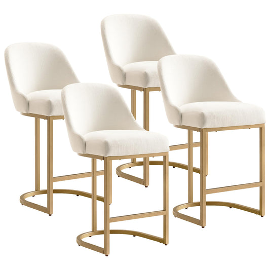 Leick Home 214957 Barrelback Counter Stool with Metal Base, Set of 4, for Elevated Kitchen Counters, High Top Tables, and Bars, Modern White Linen Seat and Gold Metal Base