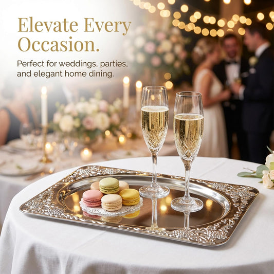 4 Pcs Silver Serving Trays Set 13.8" x 8.5" Small Stainless Steel Serving Tray Oval Floral Engraved Tray Heavy Duty Metal Serv ing Trays for Coffee Table, Bar, Party, Club, Home