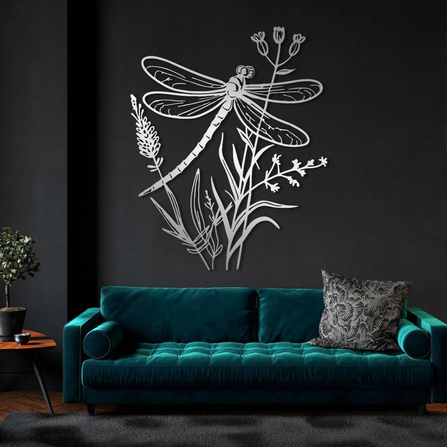 Dragonfly Metal Wall Art, Dragonfly and Flower Metal Wall Decor, Insects Wall Art, Large Dragonflies Wall Hanging, Wild Flower Wall Sculpture, Rustic Farmhouse Decorations (Black, 30"x24"/76x61cm)