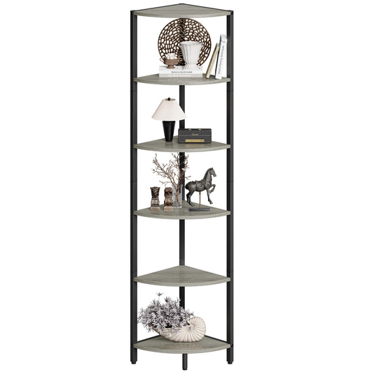 IRCPEN 6 Tier Corner Shelf 63.1" Tall Corner Shelves Stand Ladder Shelf Metal Standing Bookshelf Organizer Display Rack Bookcase Plant Stand Industrial Rustic for Living Room Bedroom Oak CS-001GR
