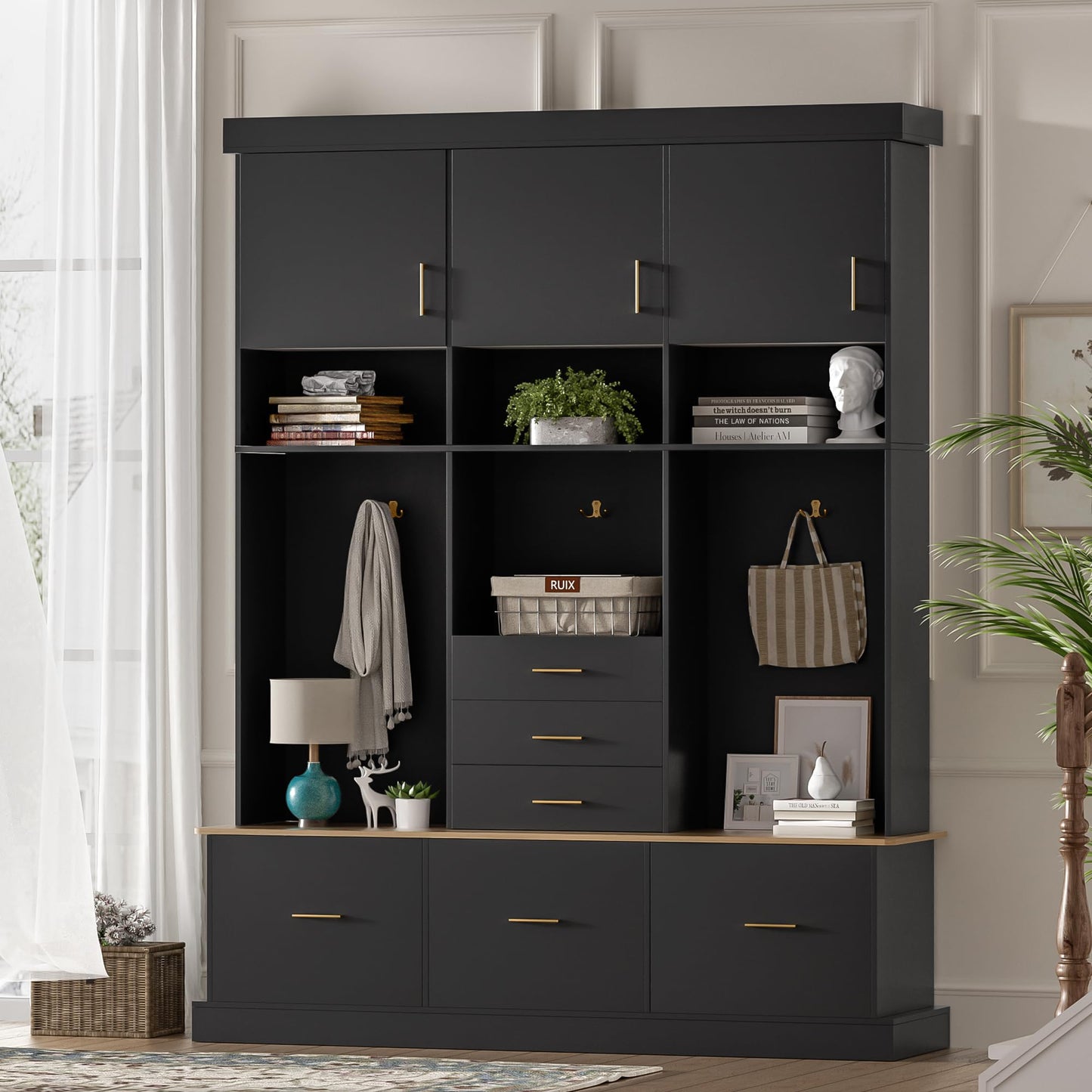 Merax 5-in-1 Hall Tree with Bench and Storage, Modern with Coat Rack, 6 Drawers, 3 Cabinets and 3-Tier Top Storage for Hallway, Entryway, Living Room, Black