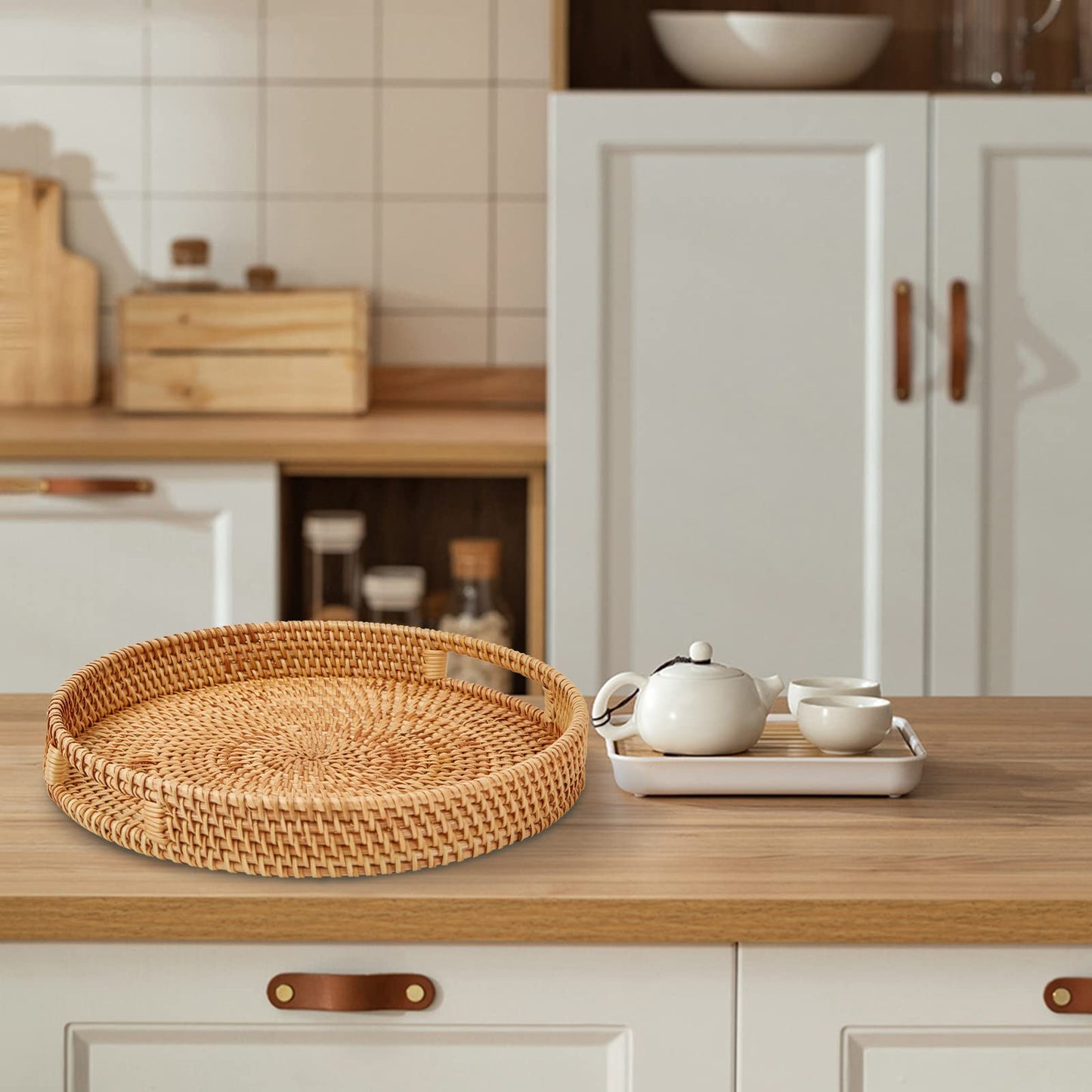 Whalehub Round Rattan Serving Tray with Handles,2 Hand Woven Basket, Home Decor Organizer Tray for Breakfast, Tea, Snack, Fruit, Coffee, Storage (Large + Medium)(14.17inchX2.3inch+11.9inchX1.7inch