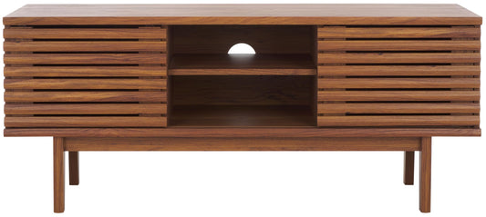 SAFAVIEH Aricia TV Stand for up to 55" Flatscreen – Walnut, 2 Sliding Doors with Interior Storage, 1 Open Shelf, Entertainment Media Console (MED9632A)