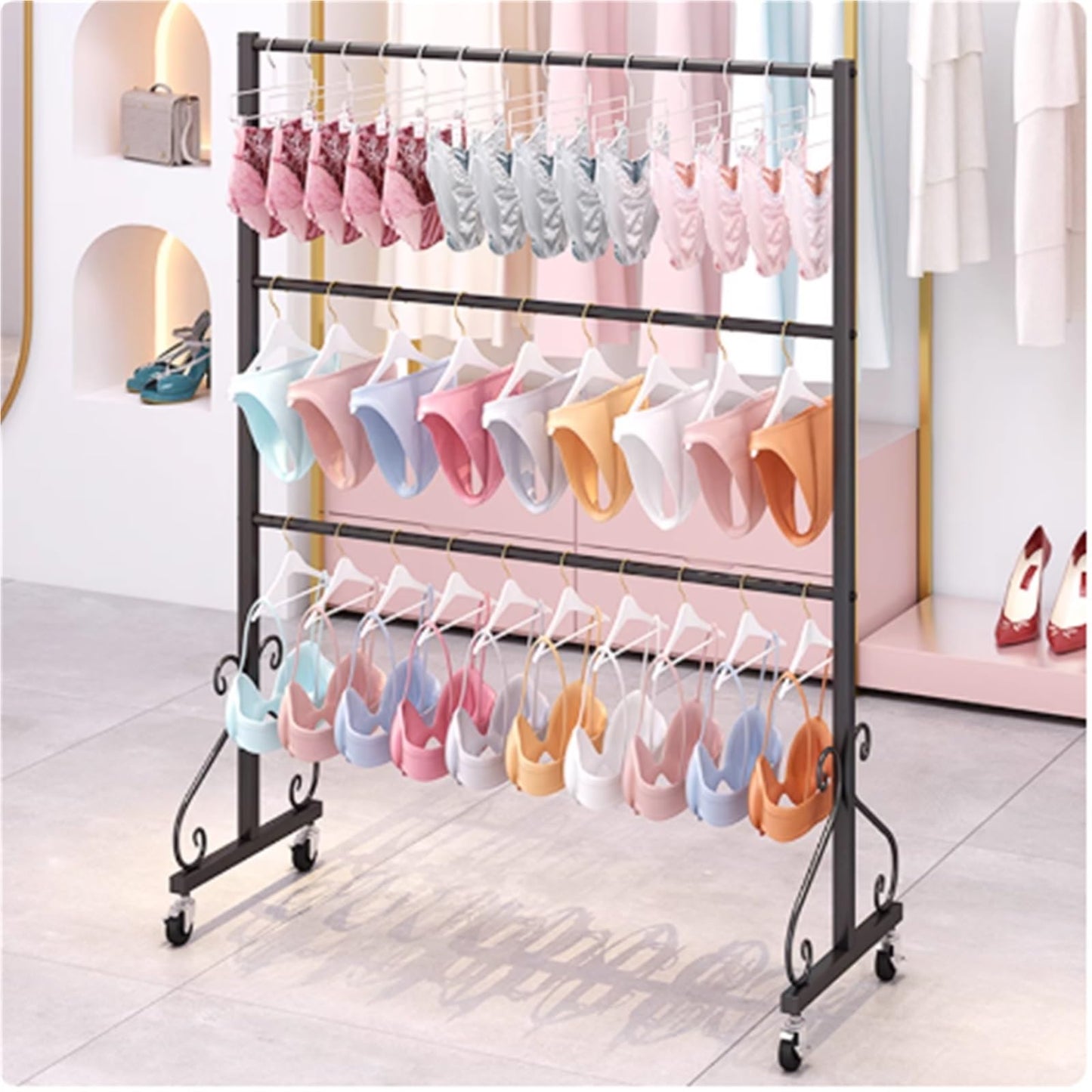 Mobile Lingerie Bra Rack Swimsuit Organizer Hanger, Anti-Slip, Underwear Display Stand with Wheels, Commercial Clothing Store Shelf, for Shorts,Hats, Sock, 3 Tier(Black,100 * 40 *