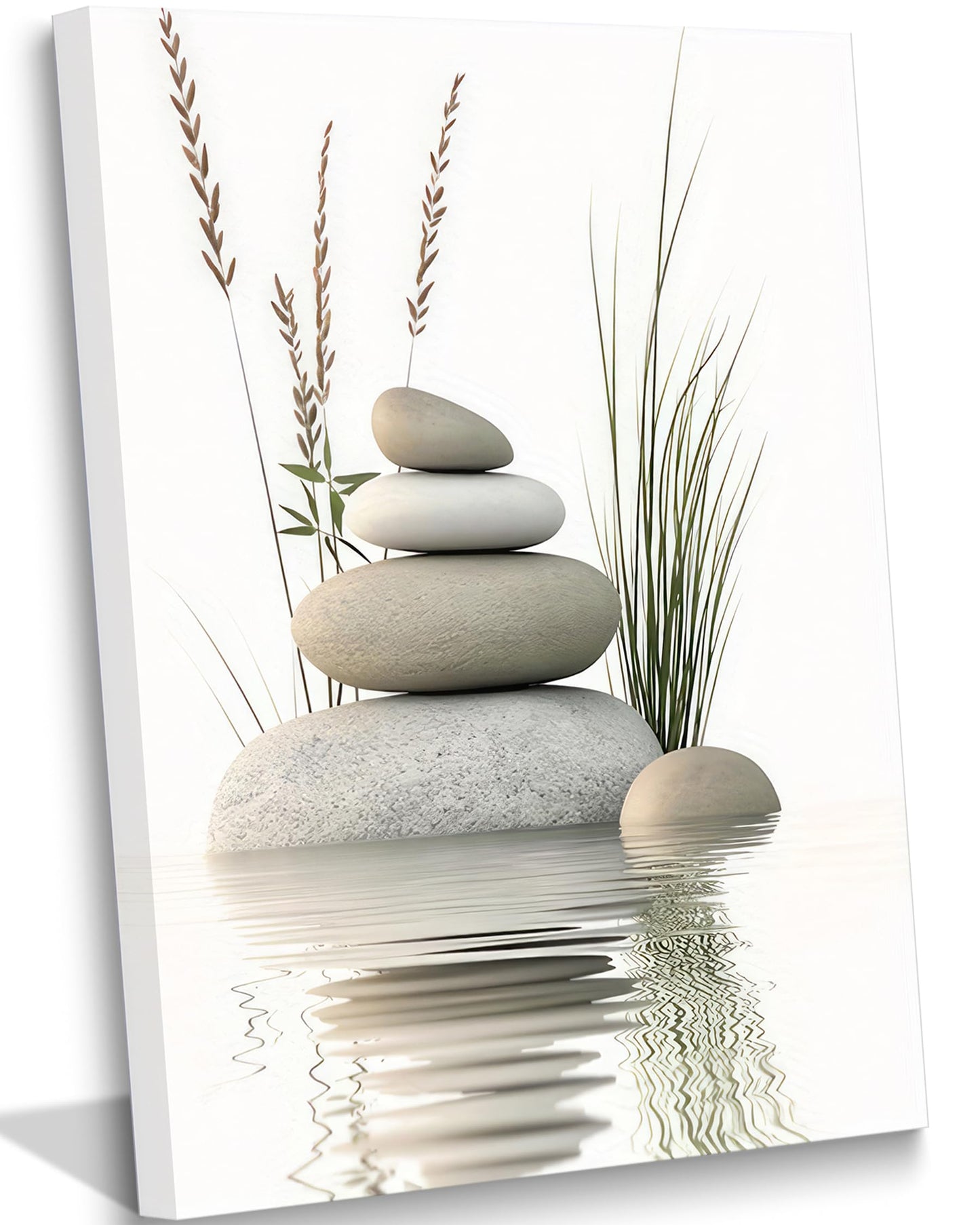 KBIERQN Zen Stone Canvas Wall Art Stacked Stones in Water Poster Print Tranquil Wild Grass Painting Picture for Spa Yoga Meditation Room Bathroom Wall Decor 12x16in Framed Ready to Hang