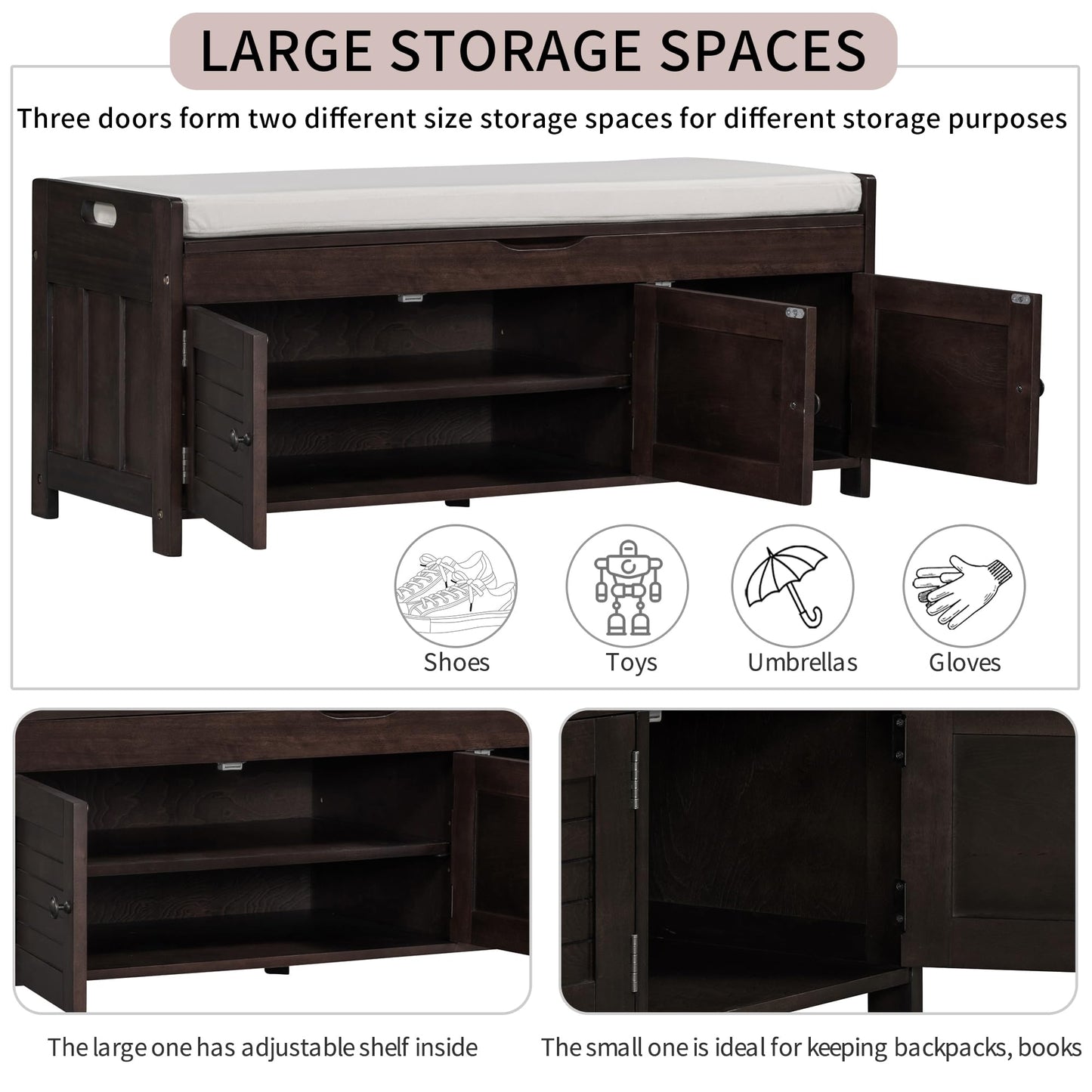 Brisca Wood Storage Bench 3 Shutter-Shaped Doors,Multifunction Shoebox,W/ 2 Size and Removable Cushion & Hidden Savings Space,for Entryway,Bedroom,Living Room,Espresso