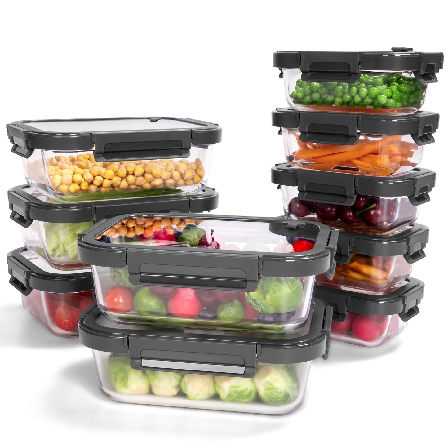 BOROHOUSE 10-Pack Glass Food Storage Containers with Tempered Lids – Borosilicate, Airtight, Oven-Safe (-4°F~950°F), BPA-Free, 4.4 & 1.6 Cup, Leak-Proof, Dishwasher Safe (Gray)