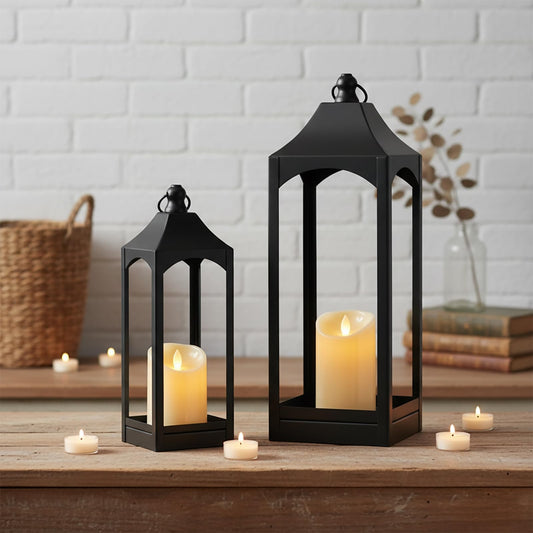 LETINE Vintage Lantern Set of 2 (12.67" & 16.41") with LED Candles - Multi-Size Black Decorative Indoor Outdoor Lanterns for Porch, Patio, Home Decor, Classic Candle Holder for All Season (NO Glass)